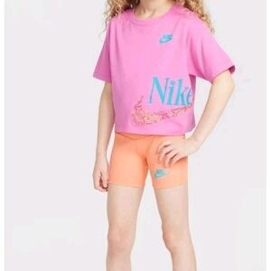 Nike Girls Wild Flower Boxy T-Shirt and Shorts Set Pink & Orange Sz 6